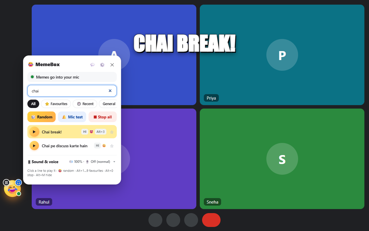 A video call with the MemeBox panel open and a big CHAI BREAK! caption on screen